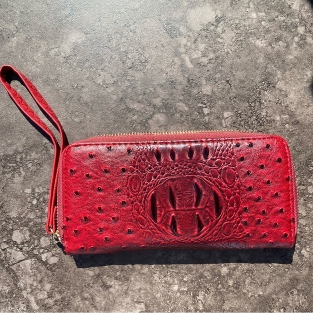 Red Animal Print Crocodile Zip Around Wristlet Wallet